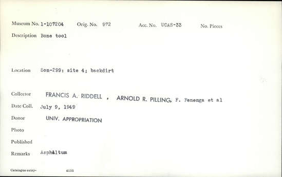 Documentation associated with Hearst Museum object titled Worked bone, accession number 1-107204, described as Bone. Asphaltum.