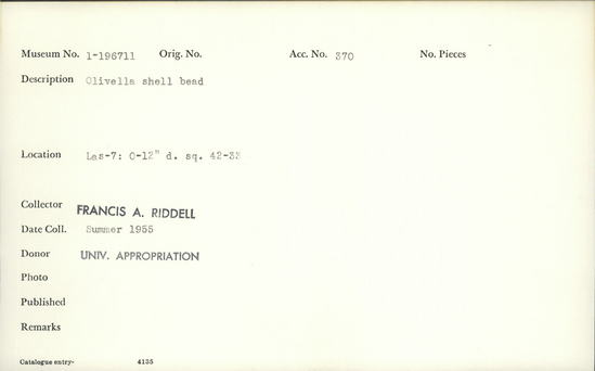 Documentation associated with Hearst Museum object titled Bead, accession number 1-196711, described as Olivella shell.