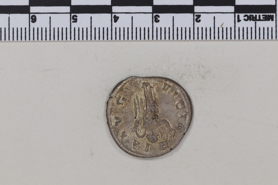 Hearst Museum object 3 of 8 titled Coin: billon antoninianus, accession number 8-4374, described as Coin; Billon; Antoninianus; Roman. 3.25 grams, 22 mm. Aemilian, 253-254. Obverse: IMP AEMILIANVS PIVS FEL AVG, bust r. radiate, draped, cuirassed. Reverse: VICTORIA AVG, Victory standing l.