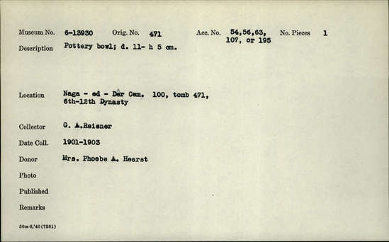 Documentation associated with Hearst Museum object titled Bowl, accession number 6-13930, described as pottery bowl; diameter 11- height 5 cm