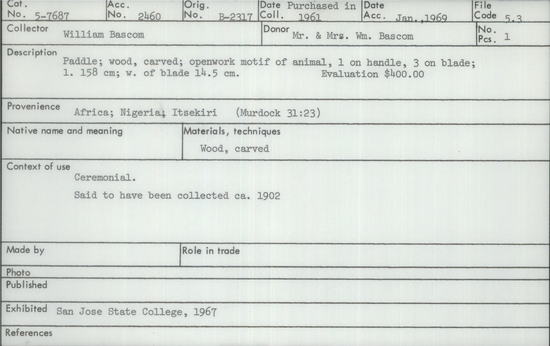 Documentation associated with Hearst Museum object titled Paddle, accession number 5-7687, described as Wooden Jereki paddle, carved. Openwork motif of animal, one on handle, three on blade; L = 158.0 cm. v of blade = 14.5 cm; 1961 Berkeley - Top Broken. Itsekiri Yoruba. Evaluation $400.00