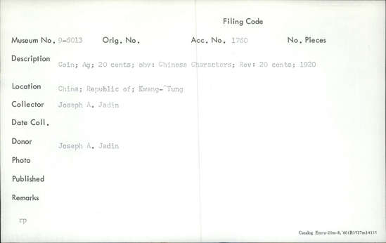 Documentation associated with Hearst Museum object titled Coin: er hao yin bi money, accession number 9-6013, described as Coin: Ag; 20 cents. Obverse: Chinese Characters. Reverse: 20 cents; 1920