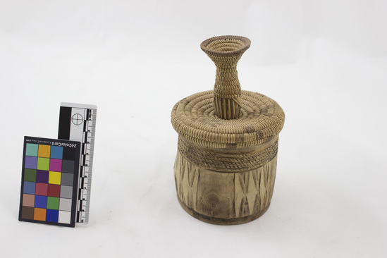 Hearst Museum object titled Mug and lid, accession number 5-853a,b, described as beer mug and palm leaf coil lid