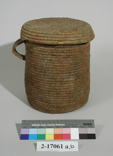 Hearst Museum object titled Basket, accession number 2-17061a,b, described as Deep, coiled basket and lid. "Old.