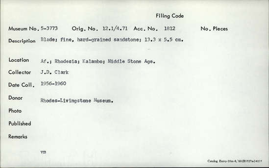 Documentation associated with Hearst Museum object titled Blade, accession number 5-3773, described as Blade; fine, hard-grained sandstone; 13.3 x 5.5 cm.