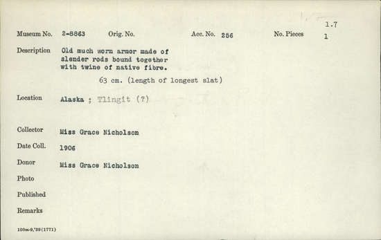 Documentation associated with Hearst Museum object titled Armor, accession number 2-8863, described as Old, much worn, made of slender rods bound together with twine of native fiber.