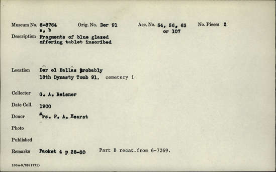 Documentation associated with Hearst Museum object titled Offering tablet fragments, accession number 6-8764, described as Fragments of blue glazed offering tablet, inscribed