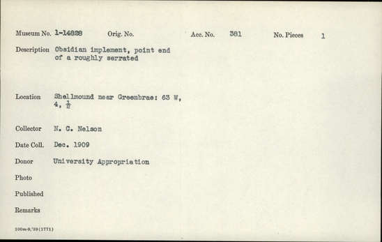 Documentation associated with Hearst Museum object titled Implement fragment, accession number 1-14828, described as Point end of a roughly serrated obsidian implement. Notice: Image restricted due to its potentially sensitive nature. Contact Museum to request access.