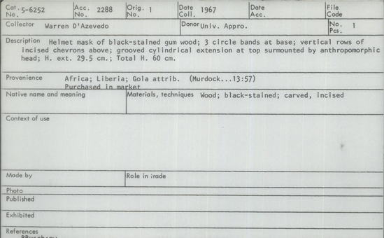 Documentation associated with Hearst Museum object titled Helmet mask, accession number 5-6252, described as helmet mask of black-stained gum wood; 3 circle bands at base; vertical rows of incised chevrons above; grooved cylindrical extension at top surmounted by anthropomorphic head; height extension 29.5 cm, total height 60 cm.