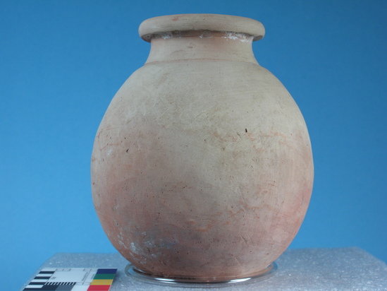 Hearst Museum object 61 of 85 titled Broken jar, accession number 6-5740, described as Pottery: smooth pinkish globose jar, rim broken