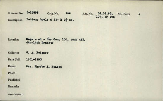 Documentation associated with Hearst Museum object titled Bowl, accession number 6-13898, described as pottery bowl; diameter 13- h 3.5 cm