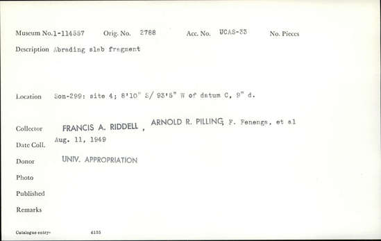 Documentation associated with Hearst Museum object titled Abrading slab fragment, accession number 1-114557, described as Abrading slab fragment