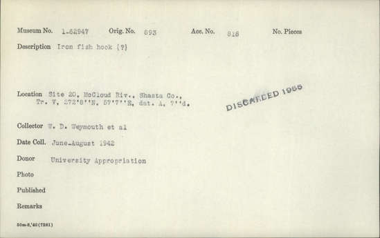 Documentation associated with Hearst Museum object titled Fishhook, accession number 1-62947, described as Iron