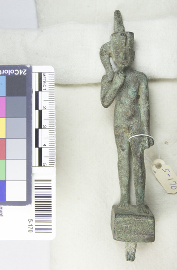 Hearst Museum object titled Figurine, accession number 5-170, described as Bronze statuette of the god Harpocrates. "youthful Horus, naked