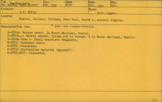 Documentation associated with Hearst Museum object titled Bracelet fragment, accession number K-2852, described as a-c) Shell bracelet fragment.