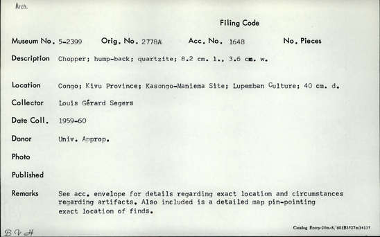 Documentation associated with Hearst Museum object titled Chopper, accession number 5-2399, described as Chopper; hump-back; quartzite