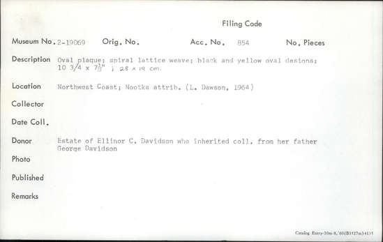 Documentation associated with Hearst Museum object titled Plaque, accession number 2-19069, described as Oval plaque; spiral lattice weave; black and yellow oval designs.