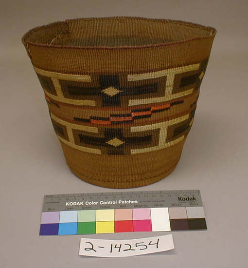 Hearst Museum object titled Basket, accession number 2-14254, described as Overlay, twined, nearly vertical walls.