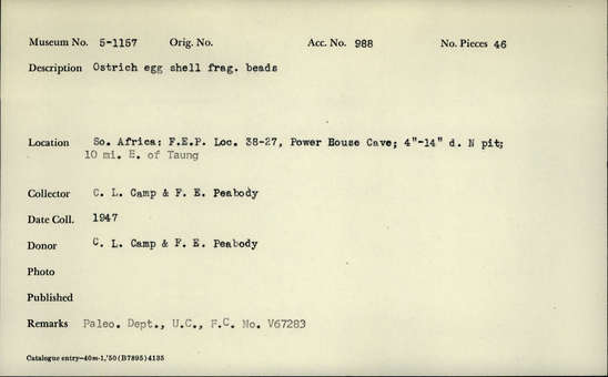 Documentation associated with Hearst Museum object titled Beads, accession number 5-1157, described as Ostrich egg shell fragments beads