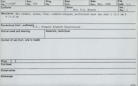 Documentation associated with Hearst Museum object titled Sinker (fishing), accession number 1-14207, described as Flat net sinker, perforated near one end.
