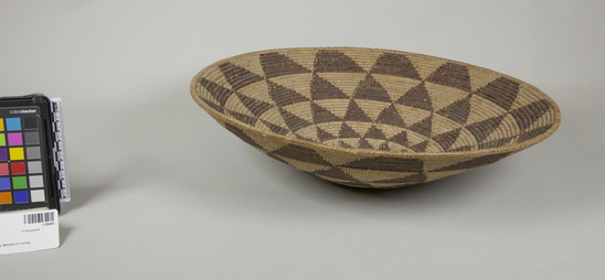 Hearst Museum object 3 of 3 titled Basket, accession number 1-28444, described as Coiled basket.  Shallow, flaring.  Triangular design.