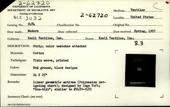 Documentation associated with Hearst Museum object titled Textile sample, accession number 2-62720, described as Strip; cotton, plain weave, printed, red ground and black designs, linear geometric motives, (Polynesian navigating chart), designed by Inge Toft, “Kon-tiki,” similar to 2480-2483