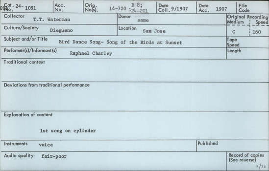 Documentation associated with Hearst Museum object titled Audio recording, accession number 24-1091, described as Bird Dance Song, Song of the Birds at Sunset