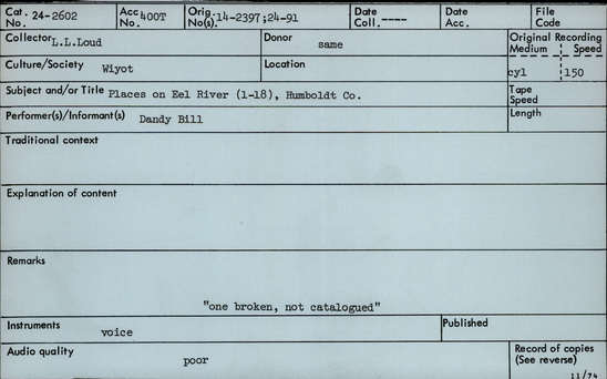 Documentation associated with Hearst Museum object titled Audio recording, accession number 24-2602, described as Place-names along the Eel River (1-18)