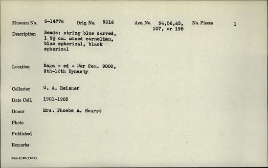 Documentation associated with Hearst Museum object titled Beads, accession number 6-14776, described as String of blue carved, mixed carnelian, blue spherical, and black spherical beads; L = 9.5cm.