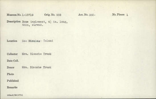 Documentation associated with Hearst Museum object titled Implement, accession number 1-15719, described as Made of bone. Thin, curved.