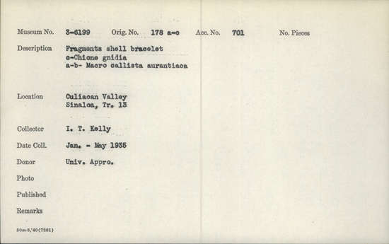 Documentation associated with Hearst Museum object titled Bracelet fragment, accession number 3-6199, described as Fragments, shell bracelet; a, b: Macro callista aurantiaca; c: Chione gnidia.