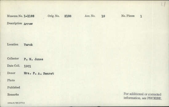 Documentation associated with Hearst Museum object titled Arrow, accession number 1-1188, described as Arrow