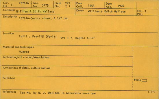 Documentation associated with Hearst Museum object titled Quartz, accession number 1-237676, described as Quartz chunk.