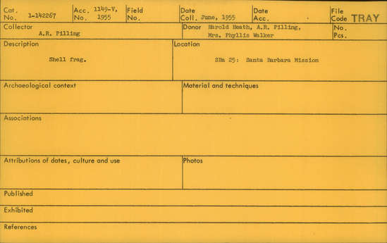 Documentation associated with Hearst Museum object titled Shell fragment, accession number 1-142267, described as Shell fragment.