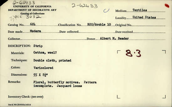 Documentation associated with Hearst Museum object titled Textile, accession number 2-62433, described as Strip; cotton, wool?, double cloth, printed, varicolored, floral and butterfly motives, pattern incomplete, Jacquard looms