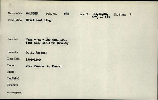 Documentation associated with Hearst Museum object titled Seal ring, accession number 6-13955, described as Metal seal ring.