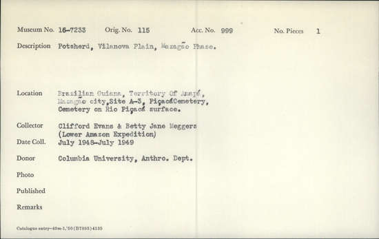 Documentation associated with Hearst Museum object titled Potsherds, accession number 16-7233, described as Potsherds, Vilanova plain