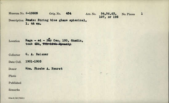 Documentation associated with Hearst Museum object titled Beads, accession number 6-13605, described as Beads: string blue glaze spherical, 1. 44cm.