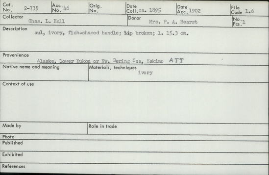 Documentation associated with Hearst Museum object titled Awl, accession number 2-735, described as Ivory, fish-shaped handle, tip broken.