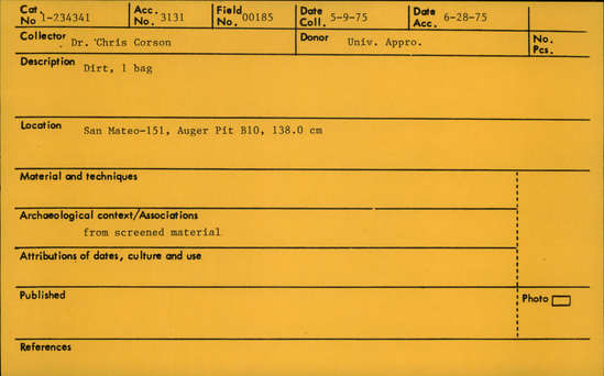 Documentation associated with Hearst Museum object titled Soil sample, accession number 1-234341, described as soil sample, 1 bag