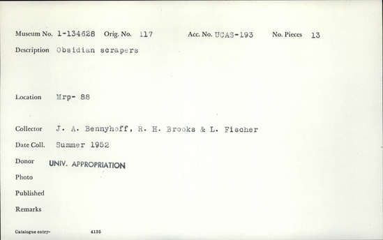 Documentation associated with Hearst Museum object titled Scrapers, accession number 1-134628, described as Obsidian scrapers.