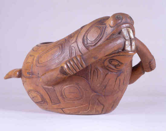 Hearst Museum object titled Bowl, accession number 2-19087, described as Carved, wooden, in form of beaver, abalone inlay, yellow cedar.