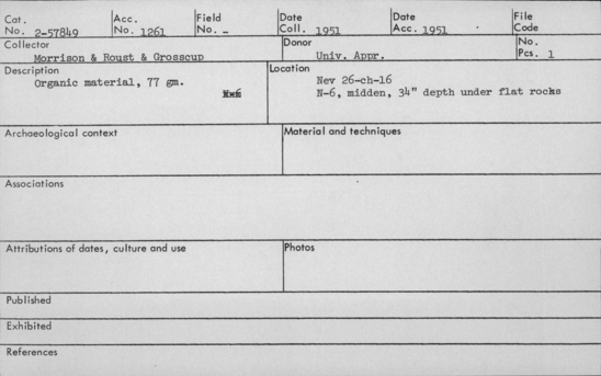 Documentation associated with Hearst Museum object titled Wood/shell/fiber sample, accession number 2-57849, described as 77 grams of organic material.