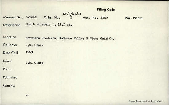 Documentation associated with Hearst Museum object titled Scraper, accession number 5-5649, described as Chert scraper; L. 12.5 cm