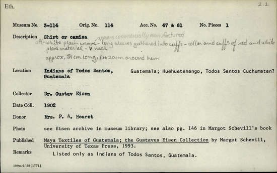 Documentation associated with Hearst Museum object titled Camisa, accession number 3-114, described as Shirt (camisa); off-white plain weave; appears commercially manufactured; long sleeves gathered into cuffs; collar and cuffs of red and white plaid material; V-neck; approximately 81 cm long, 1 m 20 cm around hem