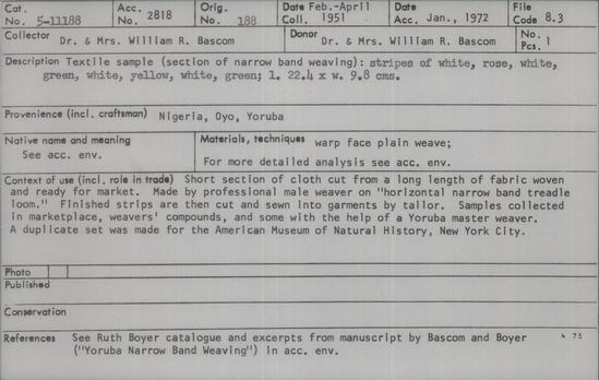 Documentation associated with Hearst Museum object titled Textile sample, accession number 5-11188, described as textile sample (section of narrow band weaving):  stripes of white, rise, white, green, white, yellow, white, green;  l. 22.4 x w. 9.8 cms.