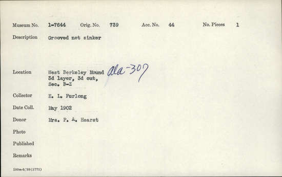 Documentation associated with Hearst Museum object titled Net sinker, accession number 1-7644, described as Grooved net sinker