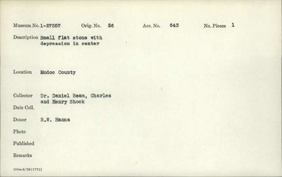 Documentation associated with Hearst Museum object titled Stone, accession number 1-27557, described as Small flat stone with depression in center.