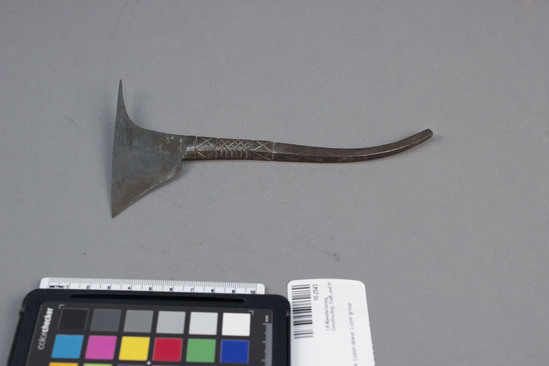 Hearst Museum object titled Axe, accession number 10-2543, described as Small head axe, all metal, curved handle 7.25 inch length