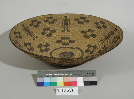 Hearst Museum object titled Bowl basket, accession number 2-13576, described as Coiled, bowl-shaped, black design of men and geometrical figures.